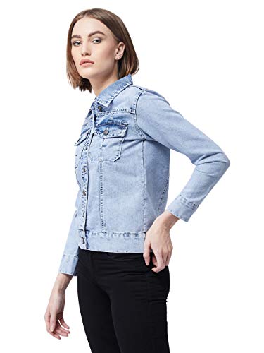 Image of Miss Chase Women's Cotton Blend Collared Full Sleeves Solid Buttoned Short Length Denim Jacket