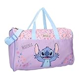 Vadobag Bolsa de deporte personalizada Disney Stitch, bolsa de deporte infantil con nombre, bolsa de viaje pequeña, bolsa de viaje para el fin de semana, para niñas, flores lilas y lilas, 24 x 40 x 19