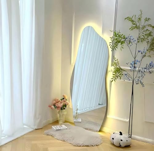 مرآة بطول كامل مع مصابيح LED مقاس 158 × 48 سم، مرآة كبيرة بثلاثة ألوان LED مناسبة للتعليق على الحائط أو الإمالة على الحائط، مرآة مثبتة على الحائط، مرآة بطول كامل مع حامل