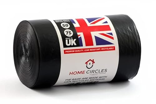 HOME CIRCLES 50 Black Bin Bags - 75L Capacity Bin Bags Heavy Duty - Rubbish Bags Wastage Liners Trash Bags for Kitchen Office DIY Refuse Sacks Garden Bags Made from 100% Recycled Material