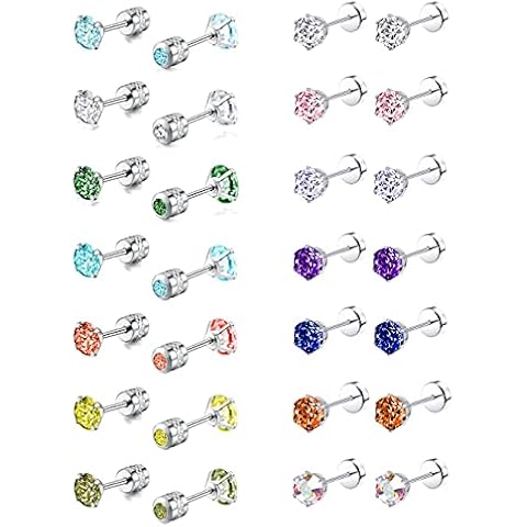 Tornito 14 Pairs Stud Earrings Double Round Cubic Zirconia Multicolor Stainless Steel CZ Cartilage Helix Earrings Screw Back for Women Men 20G Cover