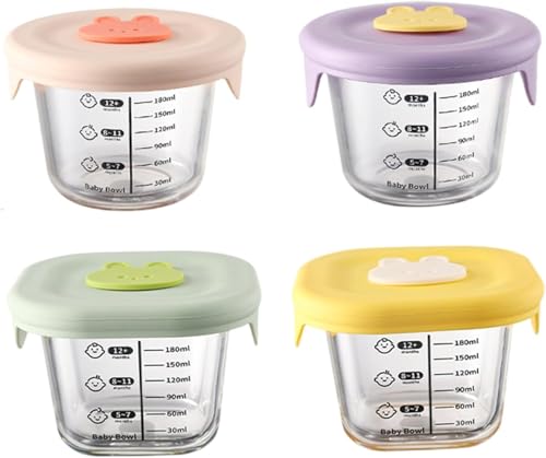 4pcs contenedores de Alimentos para bebés 230 ml de Vidrio no tóxico Redondo y Cuadrado frascos de Alimentos para bebés con Tapa y Escala de Silicona -20-400 ℃ Contenedores de Almacenamiento de