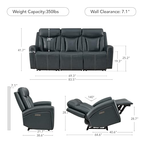 Image of CHITA Zero Gravity Leather Power Reclining Sofa, 3 Seater, Navy