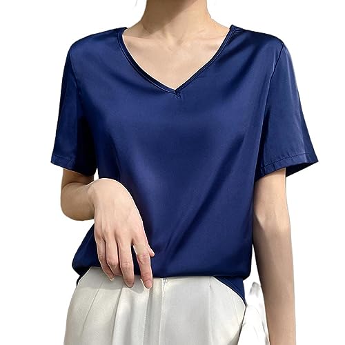 Tunique Haut en Soie Basique Bleu T-Shirt de Bureau Raffiné