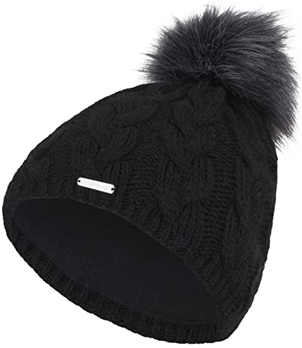 Compagno Strickmütze Mütze Damen Wintermütze Bommelmütze Norwegen Zopfmuster gefüttert Winter Fleece Futter Beanie 98, Farbe:Schwarz Cover