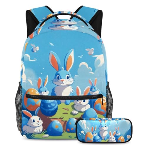 Sac à dos bleu avec trousse à crayons motif œuf de lapin de Pâques pour étudiants
