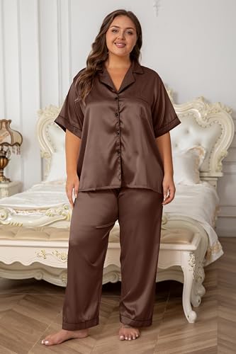 Image of Vozanet Women's Button Down Satin Pajama Sets Silky Short Sleeve Top & Pants Plus Size Loungewear Classic Sleepwear XL to 5XL