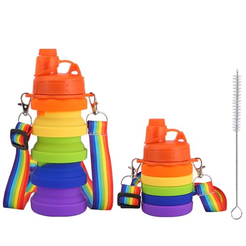 MEMOFYND Bottiglia d'Acqua in Silicone con Spazzola per Cannuccia, Portatile e Pieghevole per Bambini, a Prova di Perdite per Viaggi