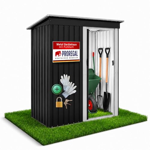 PROREGAL Gartenhaus Gerätehaus Eden Metall Klein für Garten mit Pultdach, 2 m³, abschließbarer Schiebetür 182x161x88cm Anthrazit Geräteschuppen wetterfest Gartenhütte Outdoor