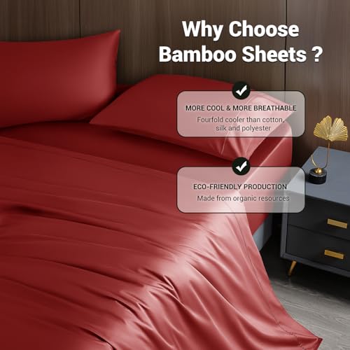 Image of Shilucheng 4 Piece California King Sheet Sets, Cooling Sheets, Blend Rayon Derived from Bamboo, Deep Pocket Up to 16 inch, Breathable & Soft Bed Sheets, Hotel Silky Bedding Set, Burgundy