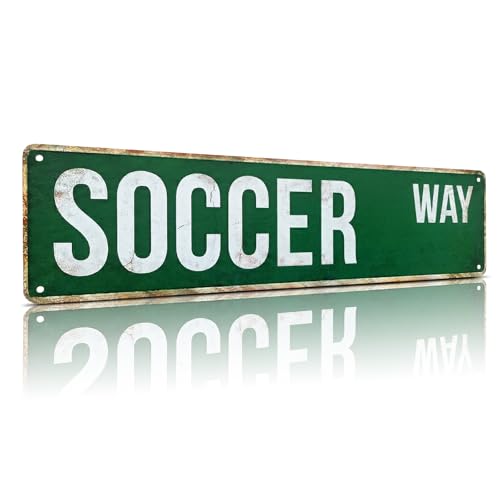 MOSM Soccer Way Metal Street Sign - Vintage Sports Wall Art - Retro 4 x 15 (0.8mm Thick) Aluminum Sign for Kids Bedroom Man Cave Game Room - Soccer Coach & Fan Gift