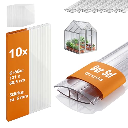 Relaxdays Doppelstegplatten 10er Set, mit Verbinder, Hohlkammerplatten 6 mm, Gewächshaus, HB: 121x60,5 cm, transparent