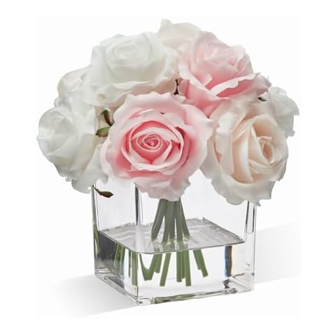 WELL KNOWN Rose Artificial Flowers in Vase with Faux Water, Silk Rose Table Centerpieces for Home Coffee Table Decor, Fake Roses Flower Arrangements for Office Hotel Lavatory Decor (Champagne & Pink) Cover