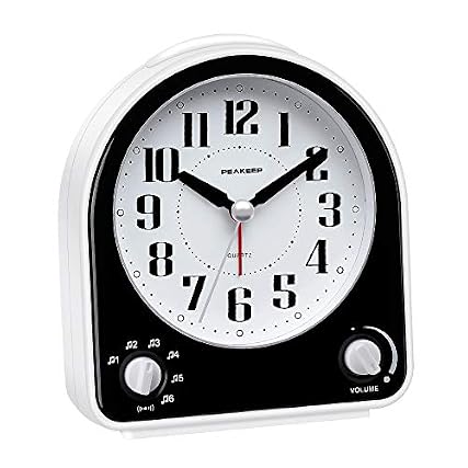 Peakeep Analog Alarm Clock Non Ticking Silent, Optional 7 Wake up Sounds with Volume Control