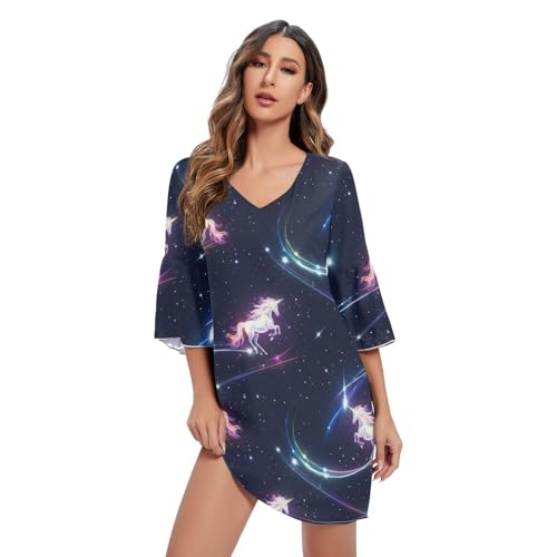 Robe d'été décontractée fluide à col en V imprimé Galaxy Unicorn
