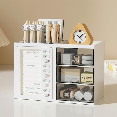 Amazon Basics Large Desk Organiser with Drawers | 24.3 × 13.1 × 16.5 cm | White | Plastic | 8 Compartments | Durable Design
