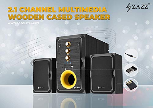 Image of ZAZZ MS2134 2.1 Channel Wireless Bluetooth Multimedia Speaker | Full Wooden Enclosure | Black-Yellow Design | AUX, USB, TF Card & Bluetooth Connectivity | Immersive Sound with LED Light Indicator