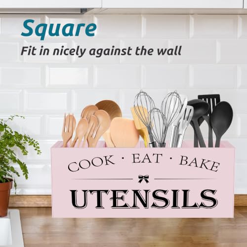 Image of Suli Extra Large Kitchen Utensils Holder with 4 Compartments, Wooden Utensil Organizer for Kitchen Countertop, Farmhouse Kitchen Decor, Rustic Cooking Utensil - Pink
