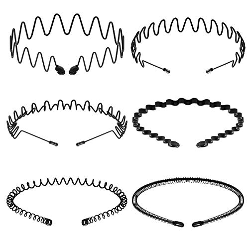 Metal Headbands Wavy Hairband Spring Hair Hoop Black Unisex Men Women Elastic Non Slip Sports Pack of 6