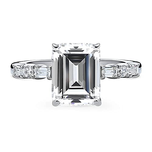 BERRICLE Sterling Silver Solitaire Wedding Engagement Rings 2.1 Carat Emerald Cut Cubic Zirconia CZ Vintage Inspired Art Deco Promise Ring for Women, Rhodium Plated2