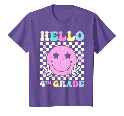 Hello 4th Grade Groovy Back to School Fourth Grade Girls Kid T-Shirt, Youth, Purple Heather, Small