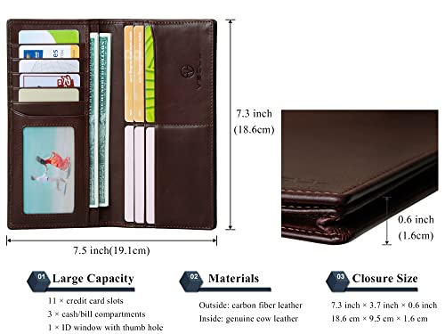 Image of VISOUL Leather Checkbook Cover Wallet for Men with RFID Blocking, Mens Long Bifold Cash Tall Wallet with 11 Credit Card Slots 1 ID Window (Coffee)