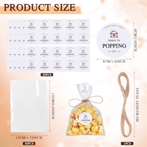 Image of 100 Set Housewarming Sticker Clear Popcorn Favor Bags Thanks for Popping by Popcorn Bags with Jute String Treat Bags for Housewarming Open house Party