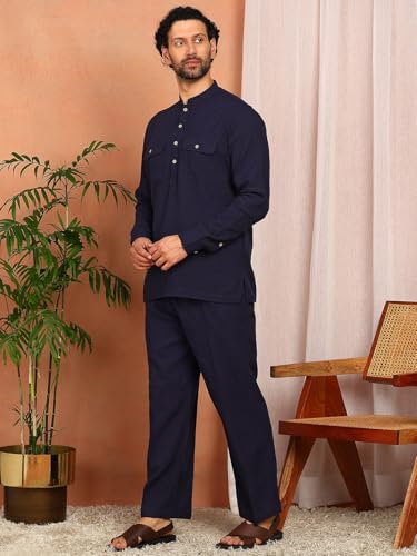 Image of See Designs Men's Full Sleeve Mandarin Collar Linen Solid Pathani Set