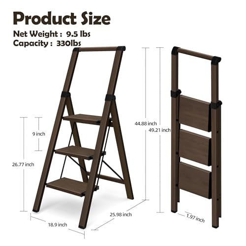 HillhutApex 3 Step Foldable Aluminum Step Ladder with Handgrip, Anti-Slip Pedal, 330lbs Capacity, Lightweight & Portable for Home, Kitchen, Office, Garage (Walnut) by HillhutApex - Image 6