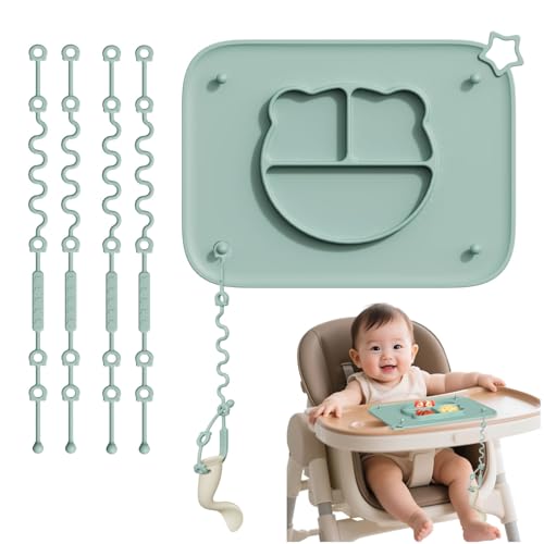 Image of 1 Pack Silicone Mat for Babies, Baby Placemat Built-in Suction Base and Equipped 4 Toy Straps & Anti-Peel Design, Activity Mat for Infants to Toddlers, Keeps Babies Essentials Off The Floor, Green