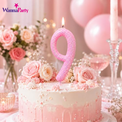 Image of Wanna Party Glitter Designer Pink Number 9 Birthday Candle, Numerical Cake Candle for 9th Birthday, Cake Cutting, Party Decoration & Celebration Supplies - 1PC
