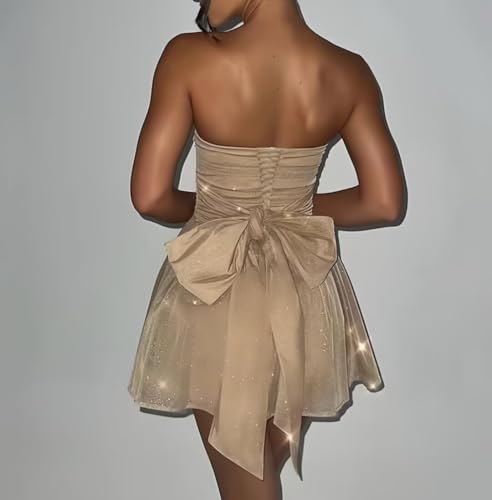 Glitter Tulle Homecoming Dresses Strapless Pleated A Line Short Prom Dress Mini Cocktail Party Gowns with Bow Back2