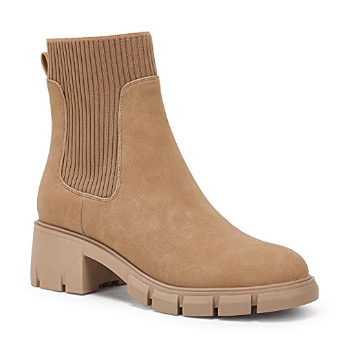 Image of Ruanyu Womens Platform Ankle Boots Elastic Chunky Block Heel Chelsea Booties Lug Sole Non-Slip Combat Shoes