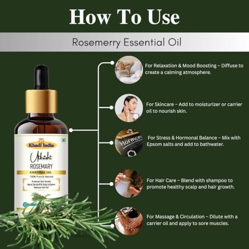 Image of Khai Pure Rosemary Essential Oil For Hair Growth, Hair Fall Control, Dandruff & Skin Care | Non Greasy Rosemary Oil for Skin, Shiny Soft Hair | Hair Oil For Men & Women - 15ml