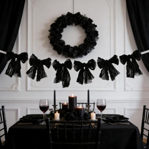 Image of MLMC Black Bow Garland Banner Handmade Cheesecloth Bow Wreath Party Hanging Decorations for Wedding Birthday Bridal Shower Gothic Party Decor