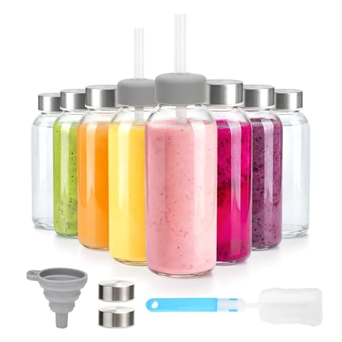 Zukro 12 oz Glass Juice Bottles with Lids, Airtight & Leak proof, Reusable Clear Small Glass Bottle With Stainless Steel Cap for Juicing, Water, Smoothie & Milk, Dishwasher Safe & BPA Free,