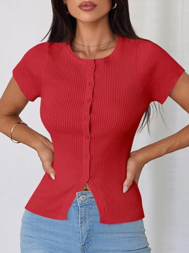 Image of Imily Bela Womens Short Sleeve Sweater Tops Summer Button Down Casual Ribbed Knit Slim Fit Cropped Cardigan Shirts