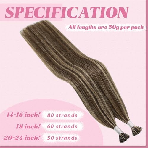 Image of YoungSee I Tips Hair Extensions Brown Itip Hair Extensions Real Human Hair Highlight Dark Brown with Blonde I Tips Hair Extension Real Human Hair 18 Inch 50g Itip Hair Extension for Everyday Wear 60s