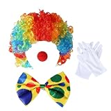 Rainbow Clown Wig Nose Bow Tie Gloves Clown Costume Set for Men Women Halloween Parties Carnivals Pretend Play (Rainbow)