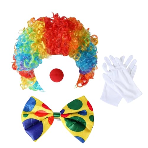 Rainbow Clown Wig Nose Bow Tie Gloves Clown Costume Set for Men Women Halloween Parties Carnivals Pretend Play (Rainbow)