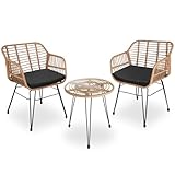 tectake® Outdoor Rattan Sitzgruppe, Möbel für 2 Personen, 3 TLG. Bistroset, Balkonmöbel, Gartenmöbel Set mit 2X Stühle + Tisch, kleine Lounge wetterfest für Garten Balkon Terrasse  Natur