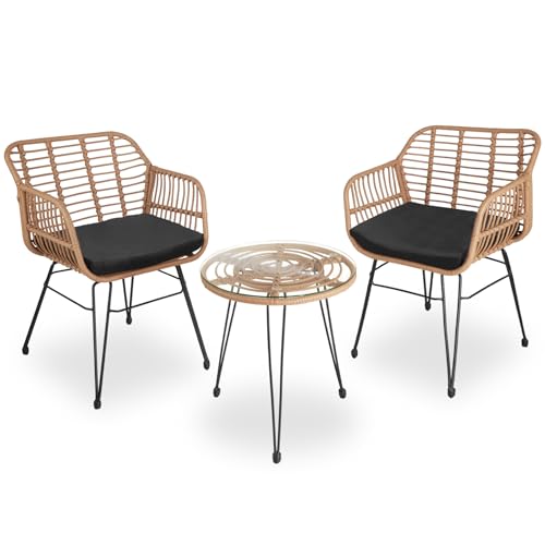 tectake® Outdoor Rattan Sitzgruppe, Möbel für 2 Personen, 3-TLG. Bistroset, Balkonmöbel, Gartenmöbel Set mit 2X Stühle + Tisch, kleine Lounge wetterfest für Garten Balkon Terrasse -Natur