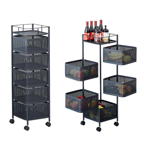5 Tier Rolling Storage Cart Metal Mesh Rolling Cart Organizer with Top Lid Rotating Kitchen Storage Cart Organizador de Frutas Y Verduras for Fruit Vegetable Grocery Storage No Assembly