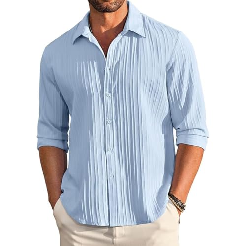 Image of DEELMO Men's Button Down Dress Shirts Textured Long Sleeve Casual Hawaiian Beach Shirt