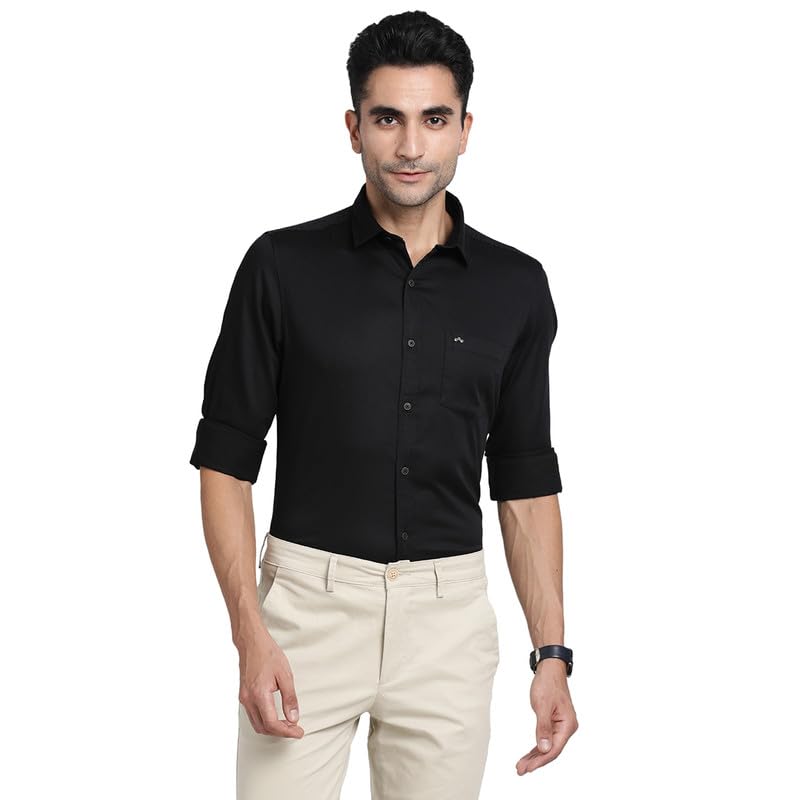 Image of Turtle Men Cotton Stretch Black Solid Slim Fit Casual Shirts