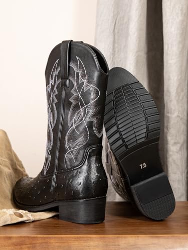 Image of Western cowboy boots, ostrich leather, embroidered design, brown, mid-calf, men's antique ostrich embossed exotic western boots round head.