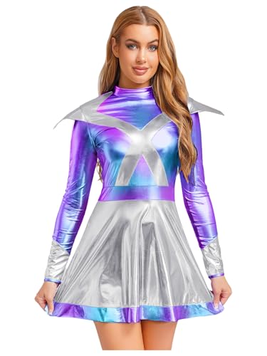 Yiesvsov Damen Glänzend Metallisch Alien Kleid Space Warrior Cosplay Kostüm Karnevalskostüm Für Raves Party Clubwear Silber M