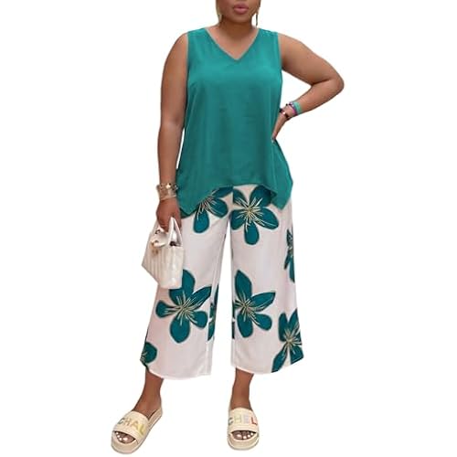 Tycorwd Women's Plus Size Two Piece Outfits Sweatsuits Sets Summer Sleeveless Tunic Tops Casual Baggy Wide Leg Pants Sets