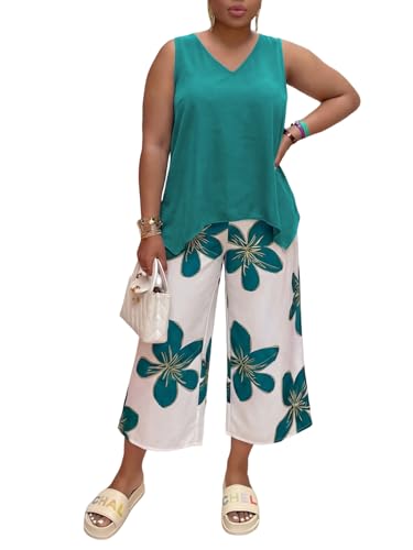 Tycorwd Women's Plus Size Two Piece Outfits Sweatsuits Sets Summer Sleeveless Tunic Tops Casual Baggy Wide Leg Pants Tracksuit Sets Bluegreen Print 3XL