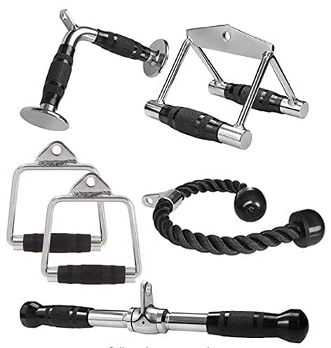 ZEDI Gym Machine Attachment Combo: Triceps Rope, Straight bar, V Shaped Handle, Rowing Handle & D Handle Pair Exercise Machine Attachments with Black Rubberised Grip, Chrome Finish-image-43